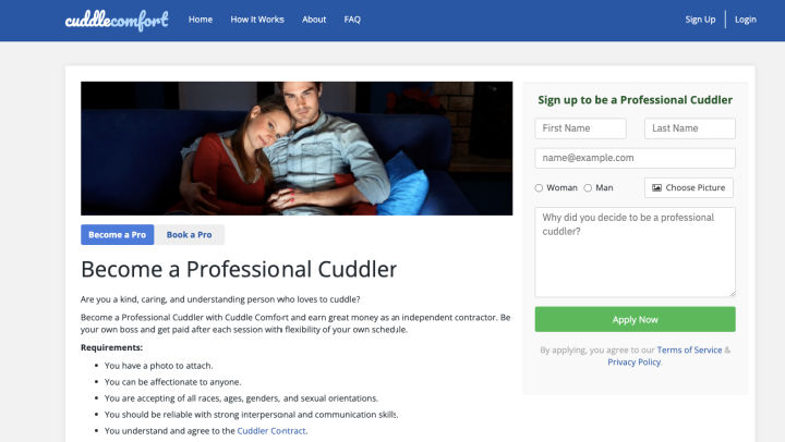 sign up to be a professional cuddler